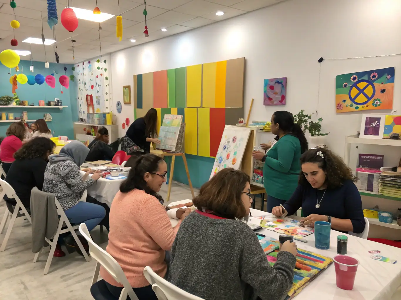 A photograph capturing a community workshop led by Vent d'Échange, where participants are actively engaged in creating art and sharing their cultural experiences.