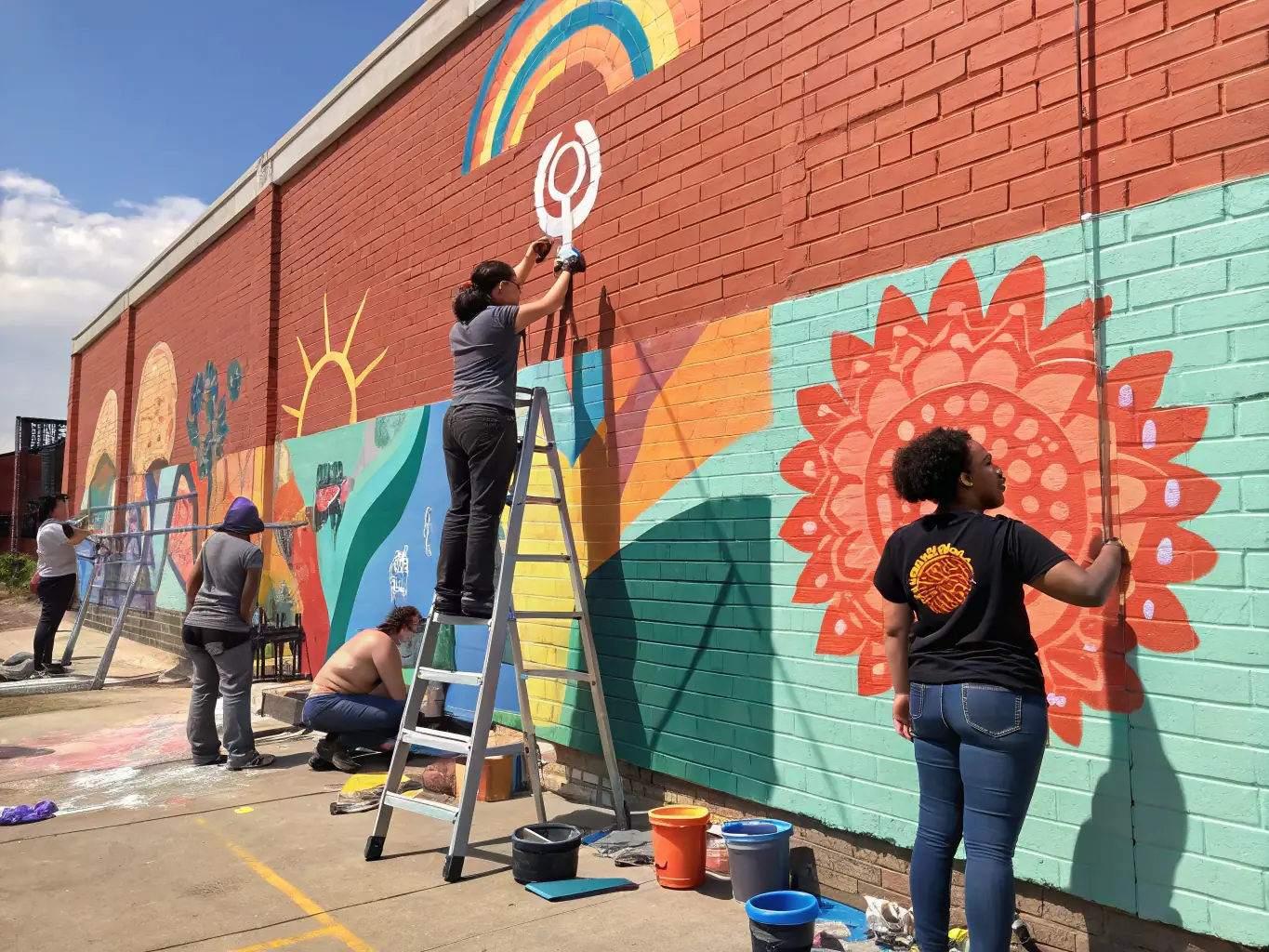 A vibrant image showcasing a Vent d'Échange workshop where artists from different cultural backgrounds are collaborating on a mural, reflecting the organization's commitment to cultural exchange.
