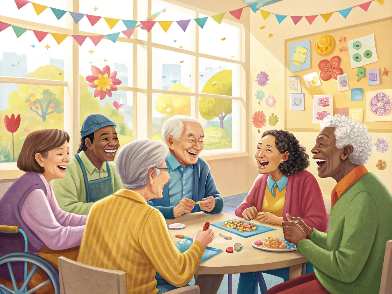 An image depicting a group of retirees enjoying a social gathering, such as a luncheon or a cultural event, showcasing laughter and camaraderie.