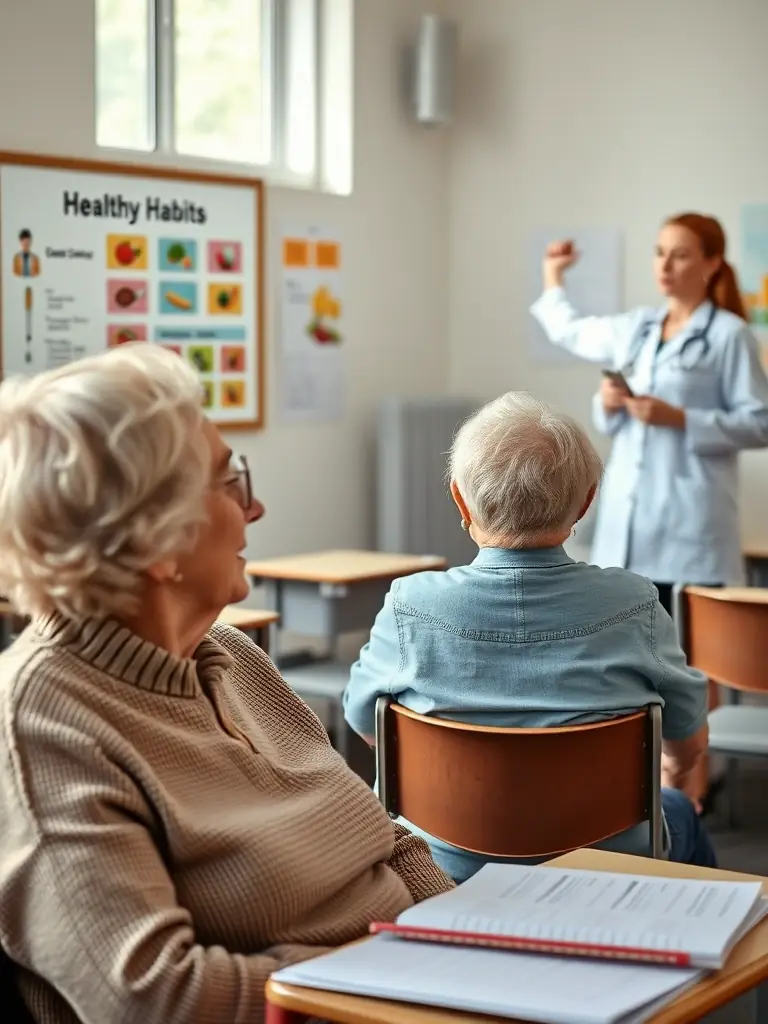 A group of retirees participating in a health workshop, learning about healthy eating habits and lifestyle choices, with a UNIRC facilitator guiding the session.