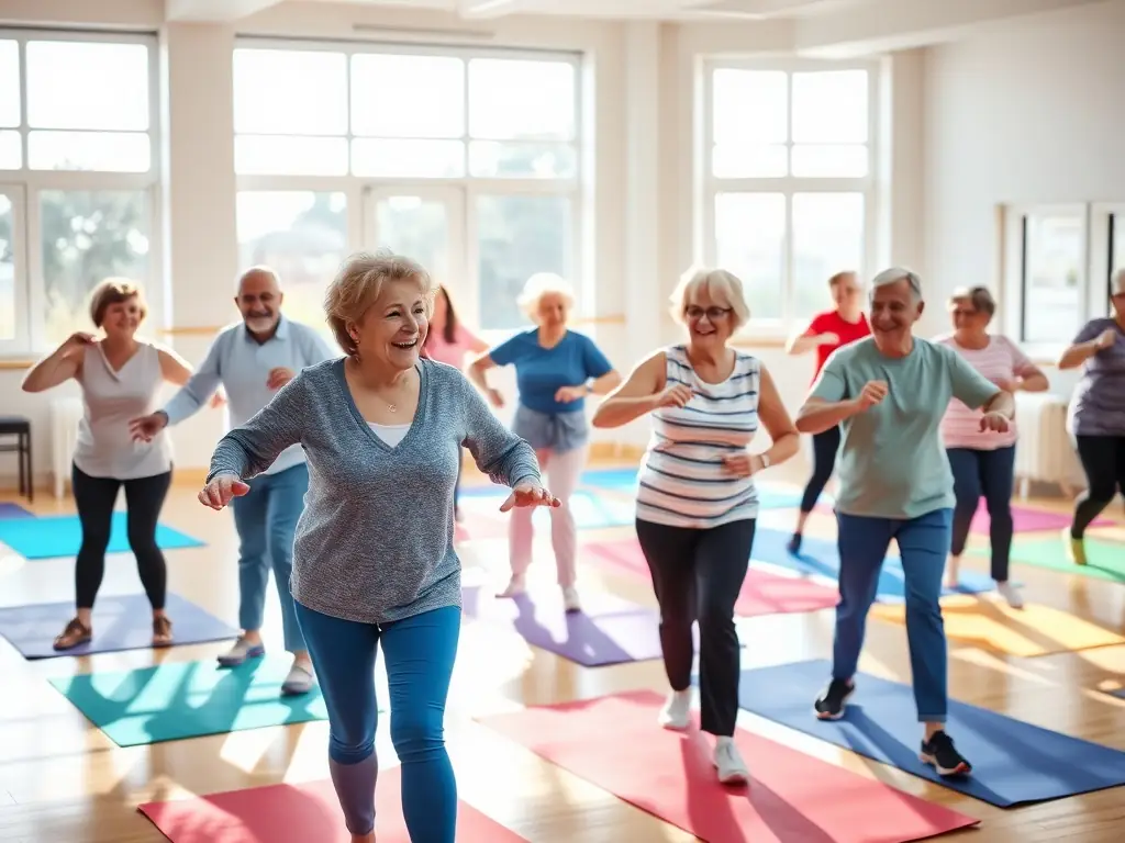 An image showing a group of retirees participating in a community health workshop, focusing on exercises and healthy living tips, set in a bright and welcoming community center.
