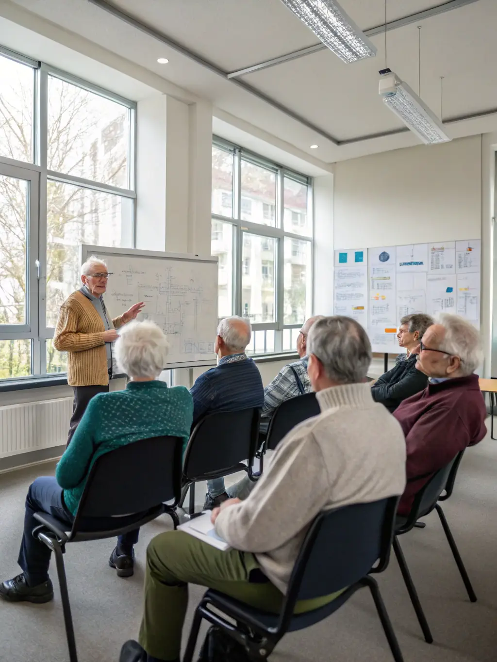 Retirees participating in a financial literacy seminar, learning about managing their finances, retirement planning, and investment strategies, with a UNIRC expert leading the session.
