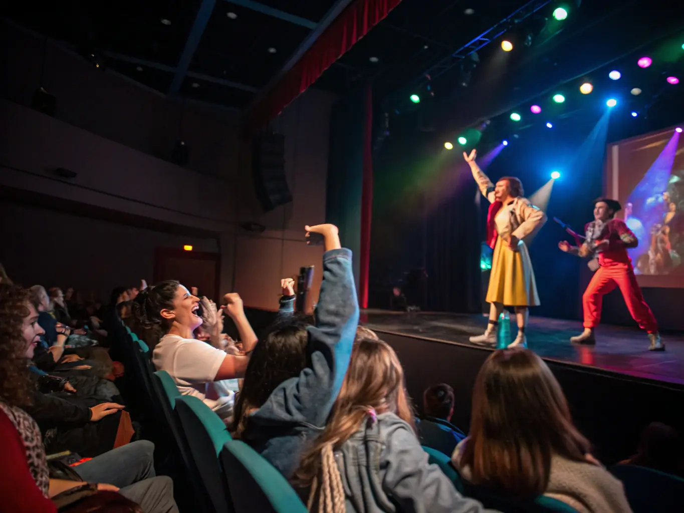 A photograph capturing a live performance art piece, with artists interacting with the audience in an immersive setting.