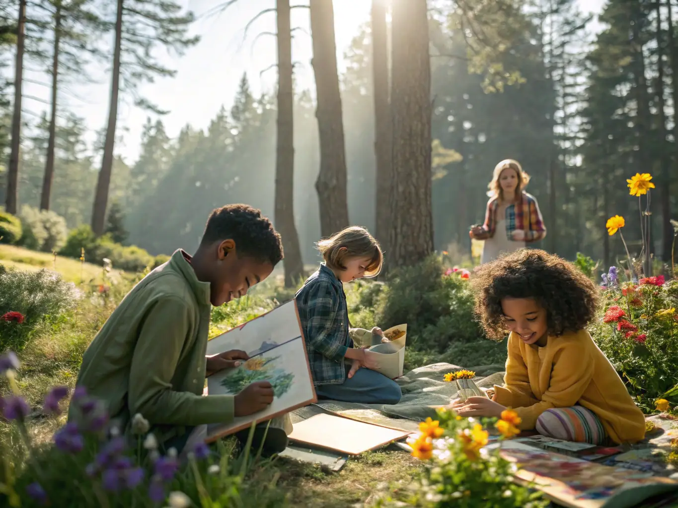 A vibrant image of community members participating in an outdoor art workshop, showcasing diverse ages and backgrounds engaged in creative activities.